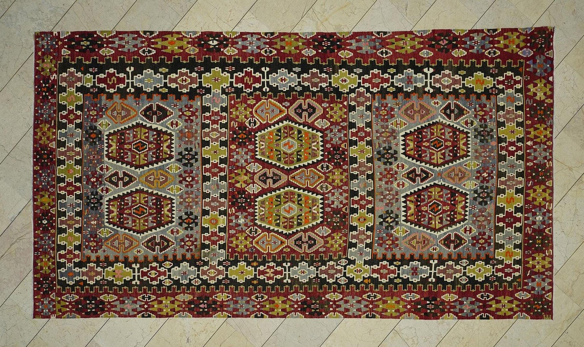 Antique Turkish Kilim Rug: 1940s Unique Handmade Wool Rugs 6,2x11,7 Feet.