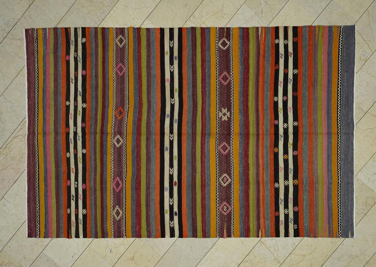 Large Stripe Kilim Rug: 6.6"x10.1" Handwoven Turkish Rugs