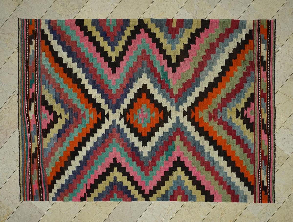 Pink Turkish Kilim Rug: 7.2x10 Primitive Decor Vintage Wool Rugs.