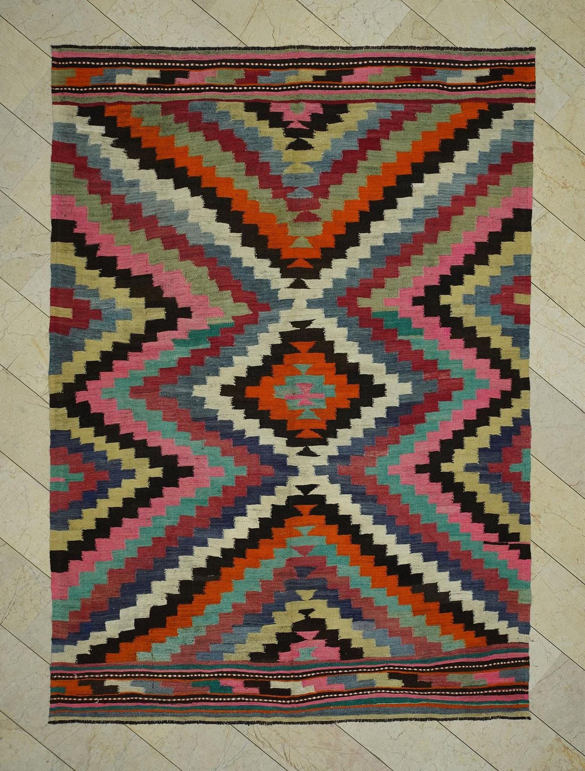Pink Turkish Kilim Rug: 7.2x10 Primitive Decor Vintage Wool Rugs.