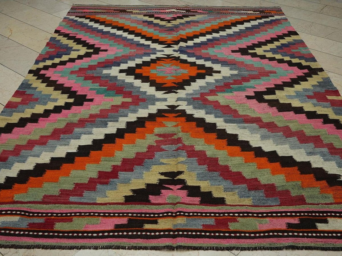Pink Turkish Kilim Rug: 7.2x10 Primitive Decor Vintage Wool Rugs.