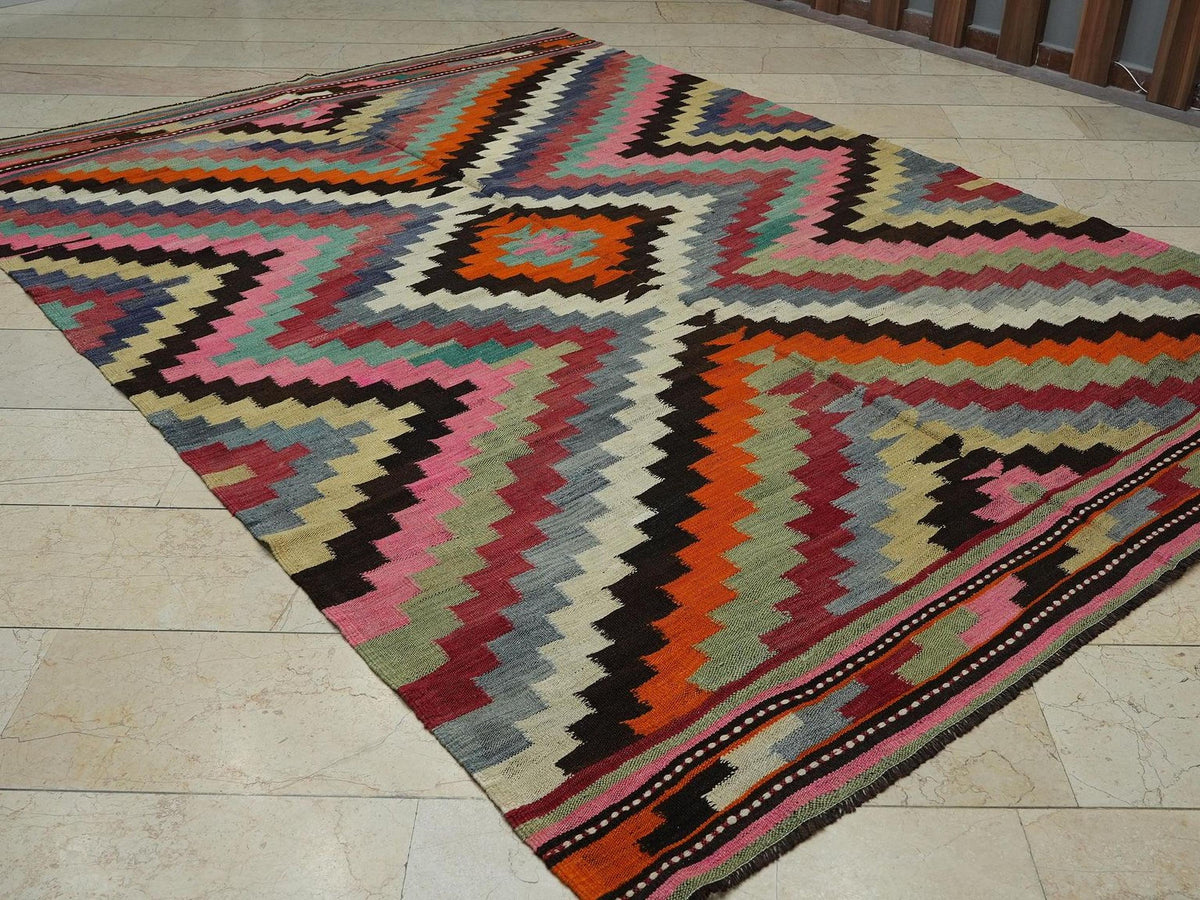 Pink Turkish Kilim Rug: 7.2x10 Primitive Decor Vintage Wool Rugs.