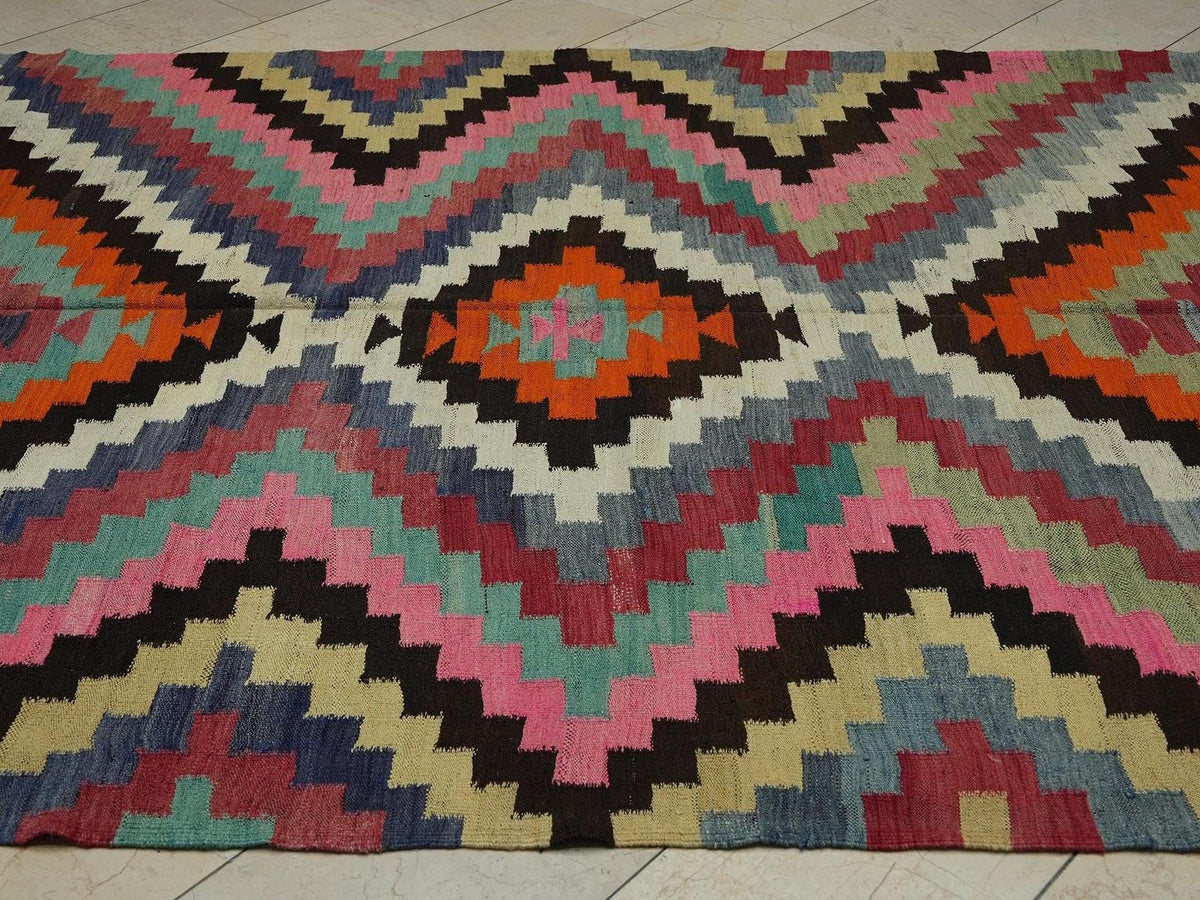 Pink Turkish Kilim Rug: 7.2x10 Primitive Decor Vintage Wool Rugs.