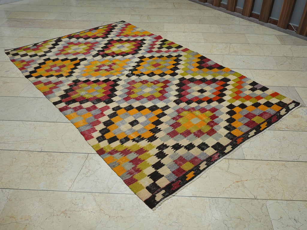 5x8 Old Turkish Kilim Rug: Antique Flat Woven Rugs