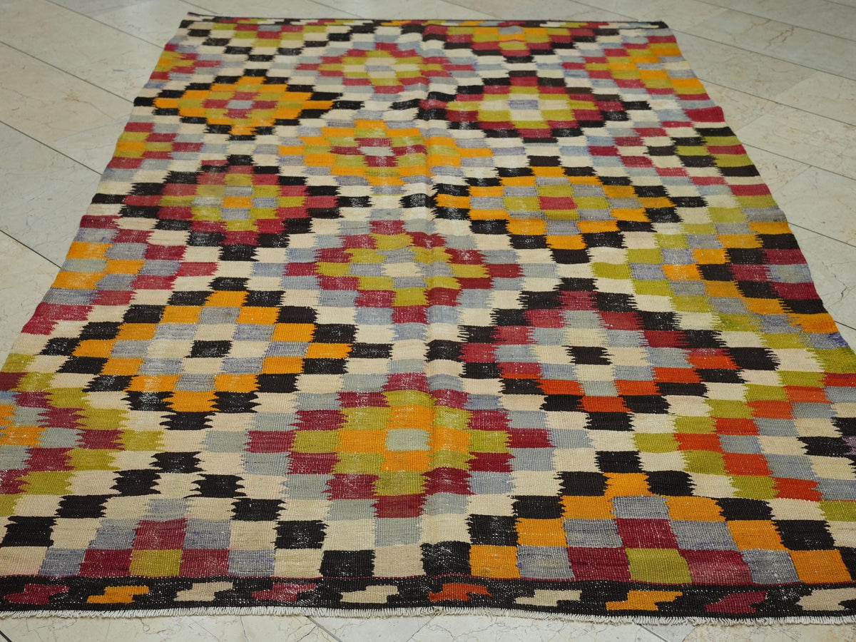 5x8 Old Turkish Kilim Rug: Antique Flat Woven Rugs