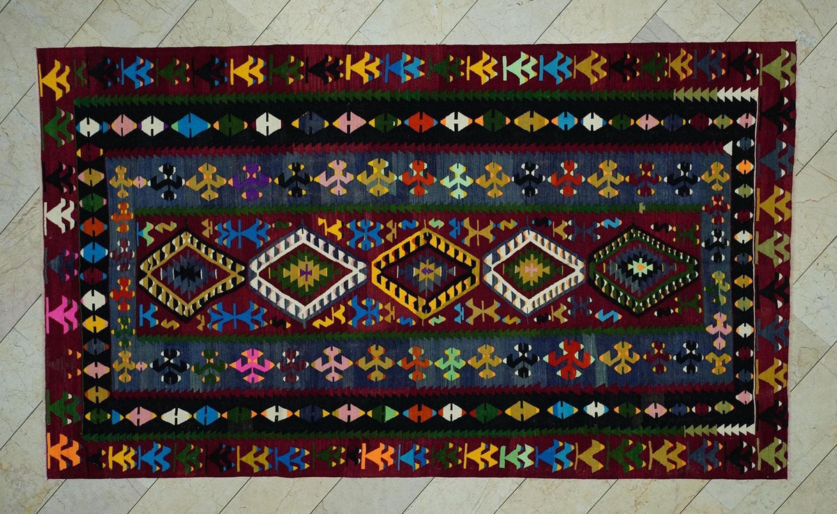 Colorful Turkish Kilim Rug: 6.2"x10.7" Vintage Flat Woven Rugs.