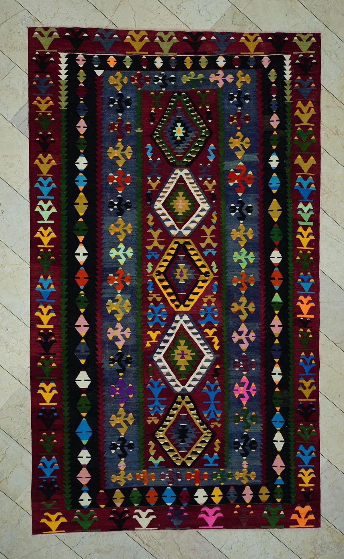 Colorful Turkish Kilim Rug: 6.2"x10.7" Vintage Flat Woven Rugs.