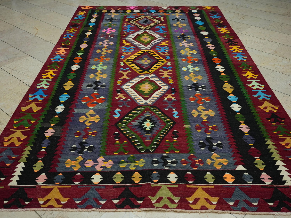 Colorful Turkish Kilim Rug: 6.2"x10.7" Vintage Flat Woven Rugs.