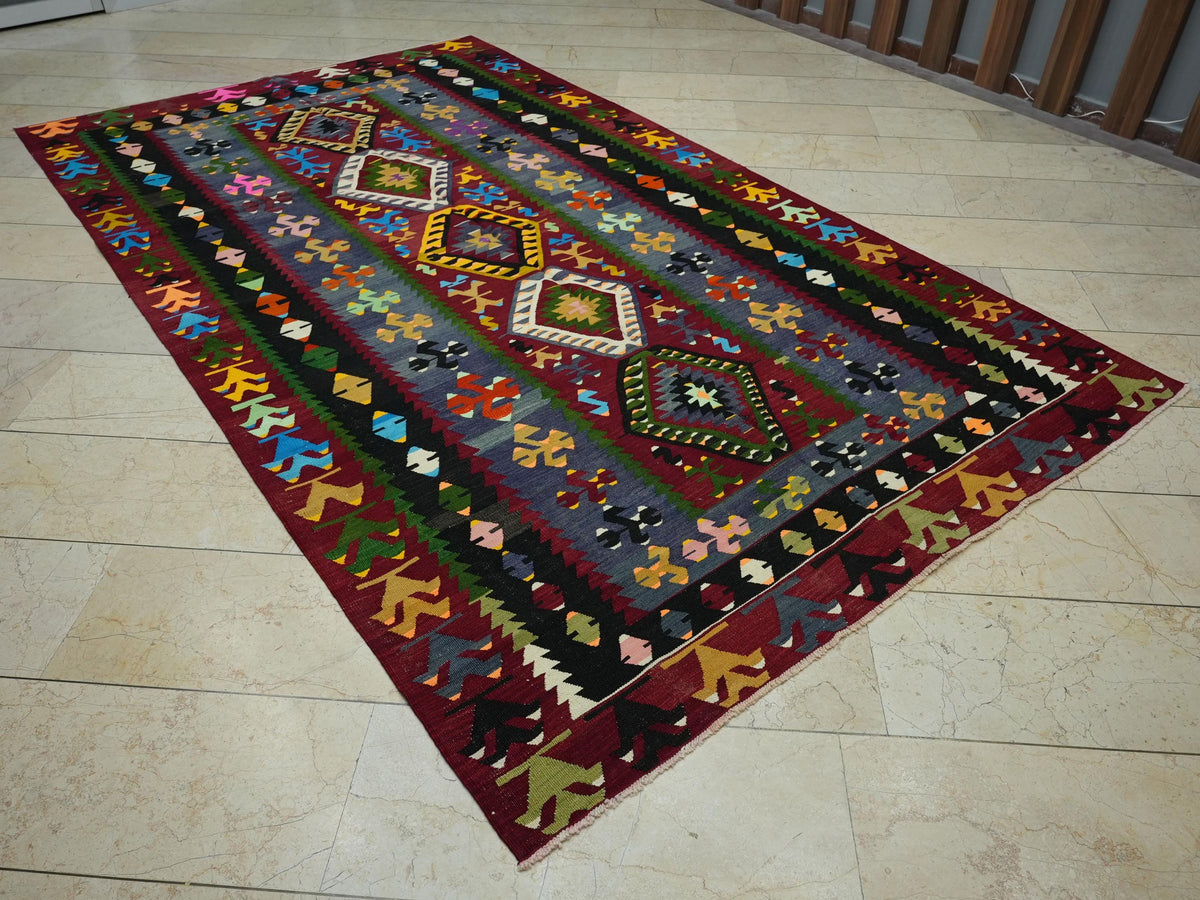 Colorful Turkish Kilim Rug: 6.2"x10.7" Vintage Flat Woven Rugs.