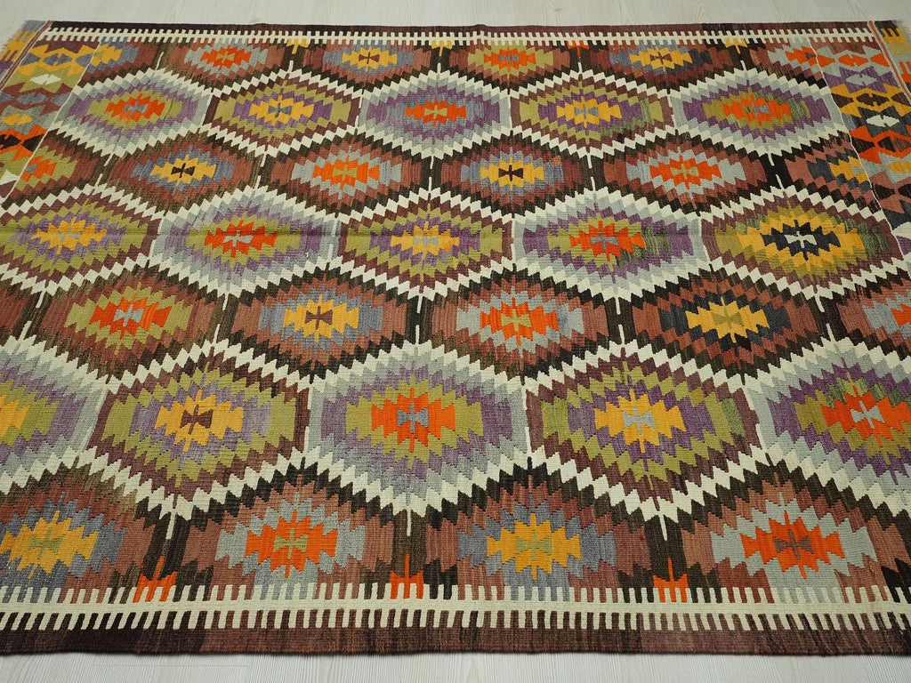Colorful Old Turkish Kilim Rug: 5.6x7.2 ft,Handmade Antique Flat Woven Rugs.