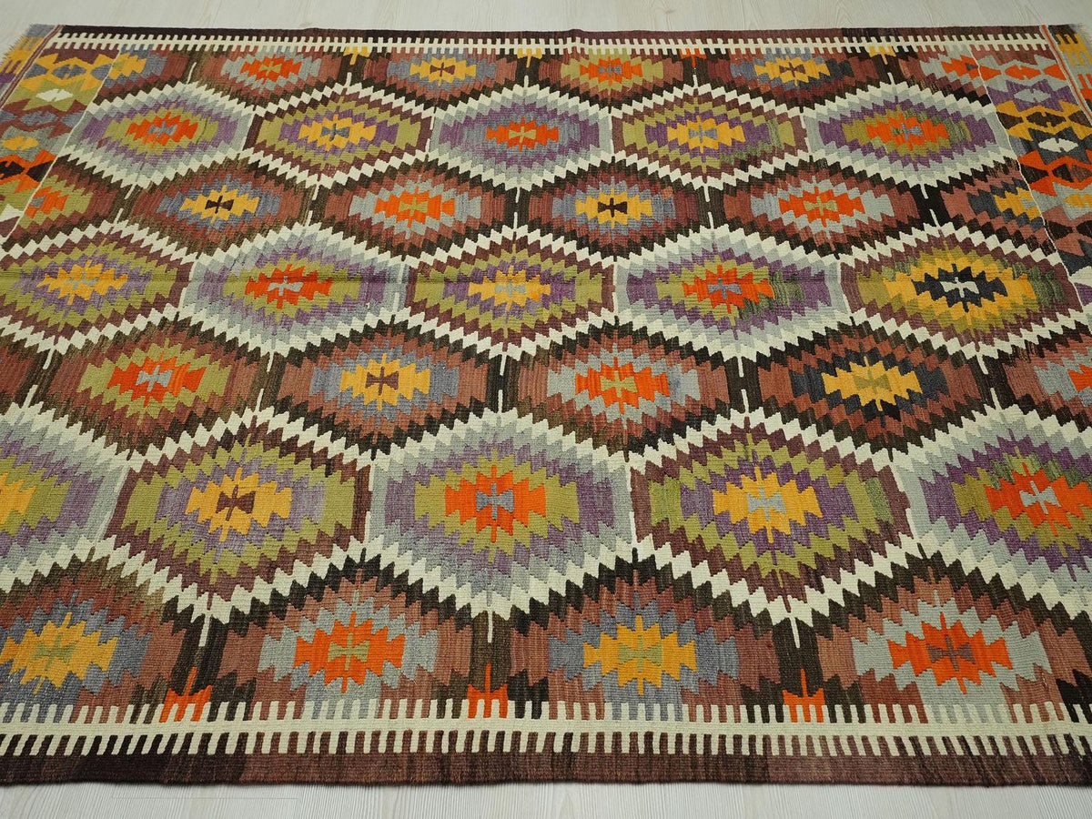 Colorful Old Turkish Kilim Rug: 5.6x7.2 ft,Handmade Antique Flat Woven Rugs.