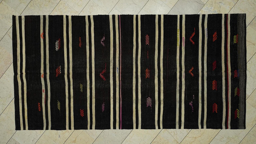 Vintage Goat Hair Kilim Rug: 5.1x10.2 ft, Natural Brown Turkish Rugs