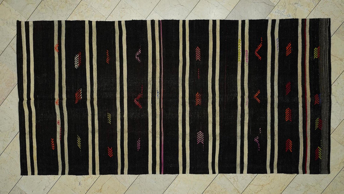Vintage Goat Hair Kilim Rug: 5.1x10.2 ft, Natural Brown Turkish Rugs