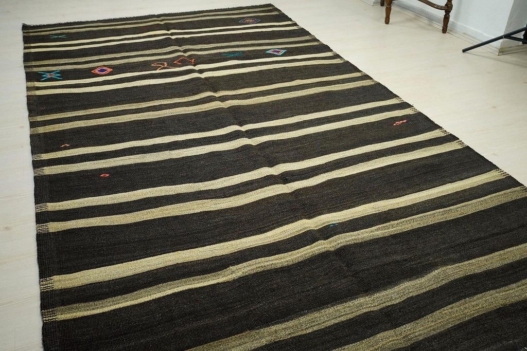 Oversized Goat Hair Kilim Rug: Dark Brown & Gray Striped Rugs, 6.3x11.2 ft.