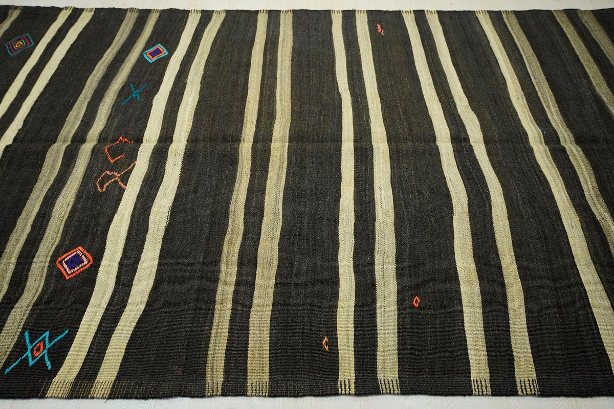 Oversized Goat Hair Kilim Rug: Dark Brown & Gray Striped Rugs, 6.3x11.2 ft.