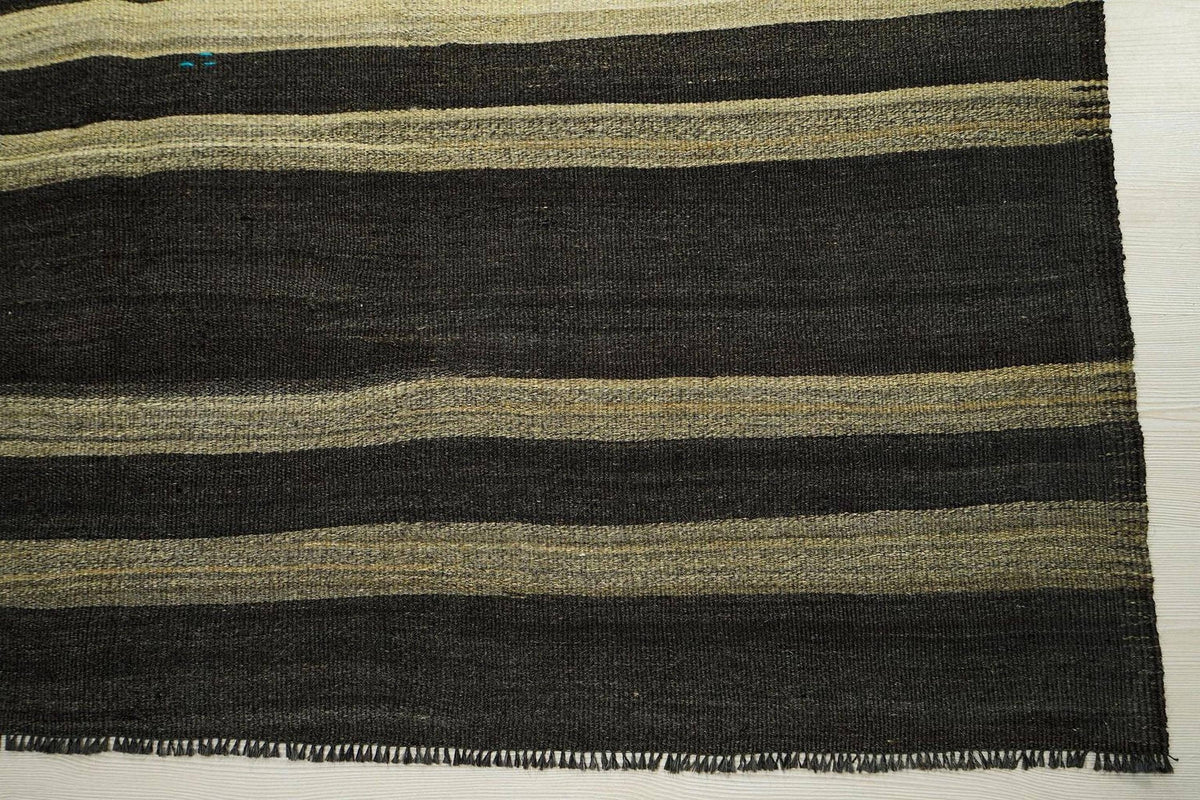 Oversized Goat Hair Kilim Rug: Dark Brown & Gray Striped Rugs, 6.3x11.2 ft.