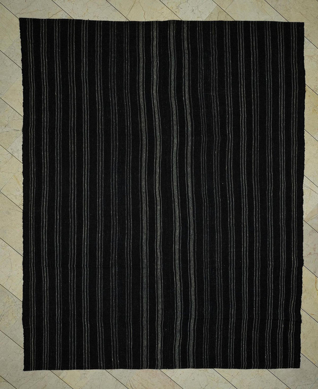 8x10 Scandinavian Style Dark Brown And Gray Striped Turkish Goat Hair Kilim Rug.