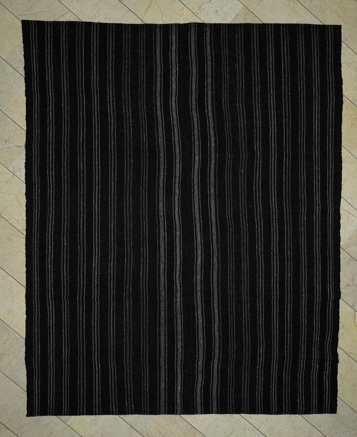 8x10 Scandinavian Style Dark Brown And Gray Striped Turkish Goat Hair Kilim Rug.