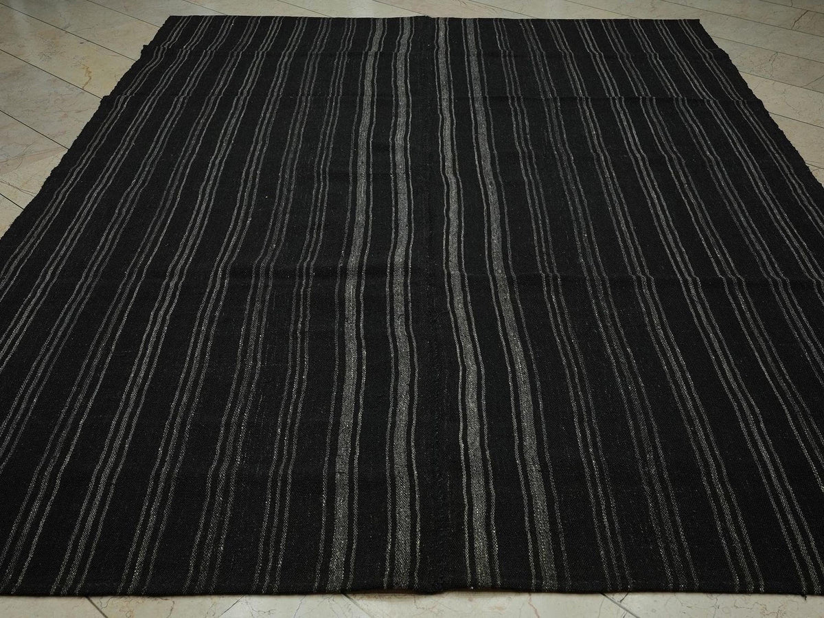 8x10 Scandinavian Style Dark Brown And Gray Striped Turkish Goat Hair Kilim Rug.