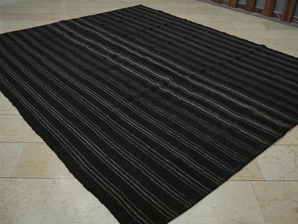 8x10 Scandinavian Style Dark Brown And Gray Striped Turkish Goat Hair Kilim Rug.