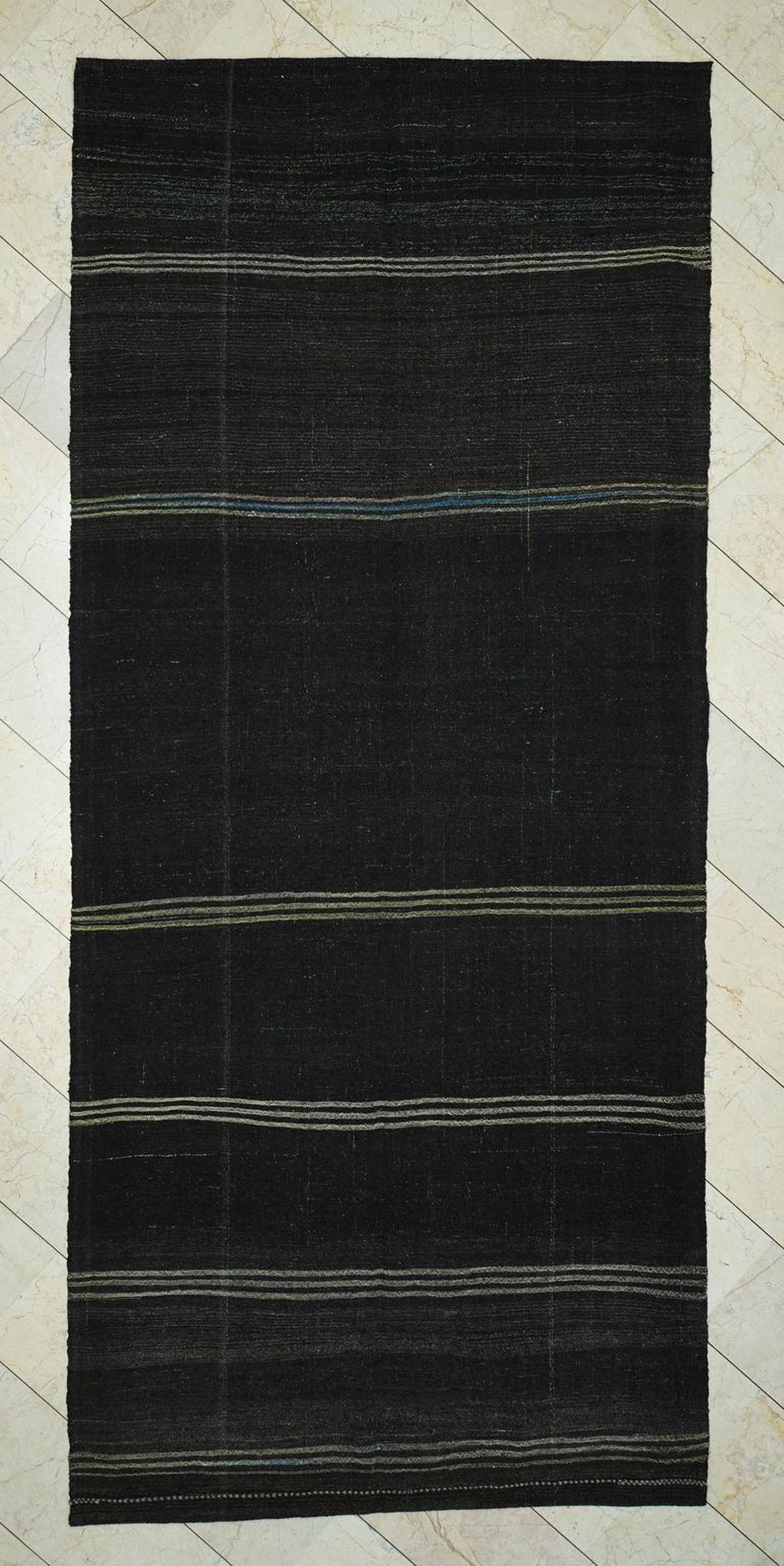 Vintage Goat Hair Kilim Rug: 5.4x12 ft, Natural Brown Flat Weave Rugs.