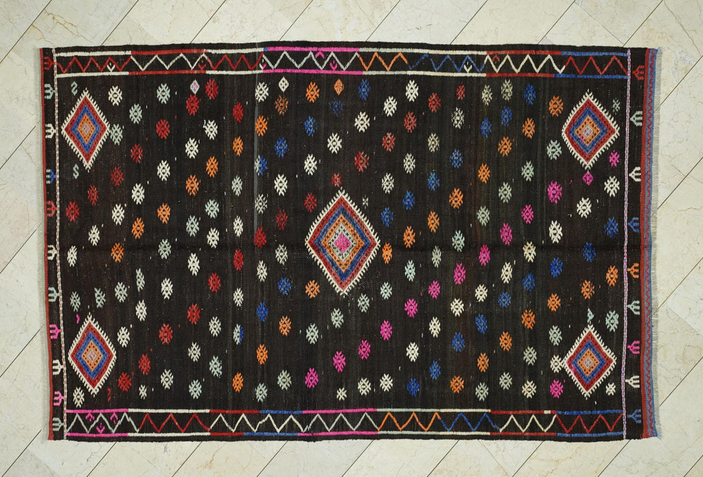 Dark Brown & Pink Goat Hair Kilim Rug: 6x9 ft Mid-Century Modern Anatolian Rugs.