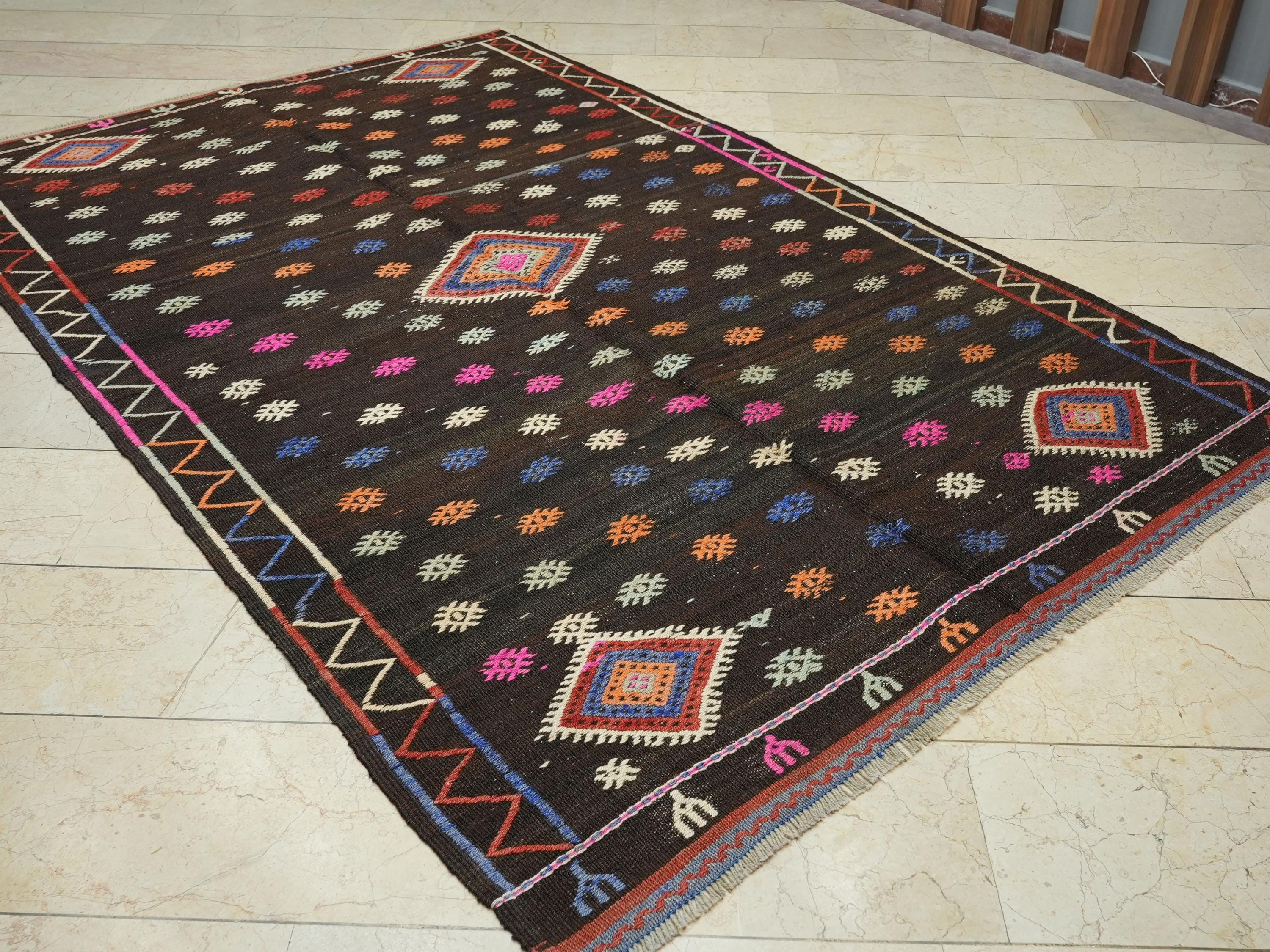 Dark Brown & Pink Goat Hair Kilim Rug: 6x9 ft Mid-Century Modern Anatolian Rugs.