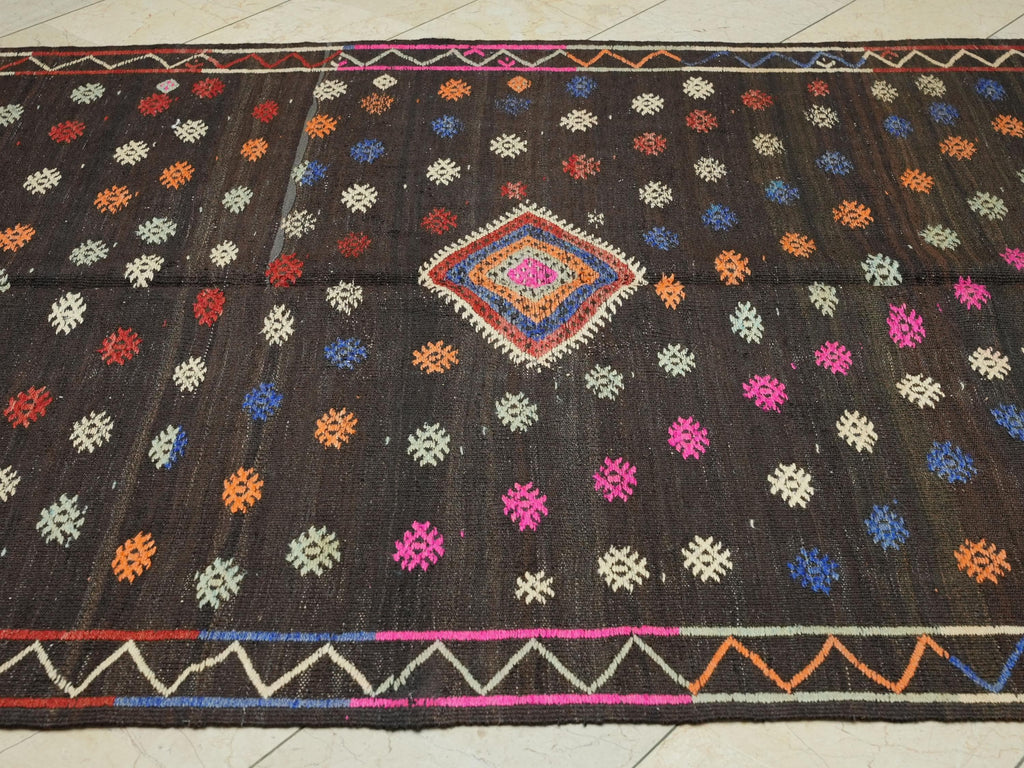 Dark Brown & Pink Goat Hair Kilim Rug: 6x9 ft Mid-Century Modern Anatolian Rugs.