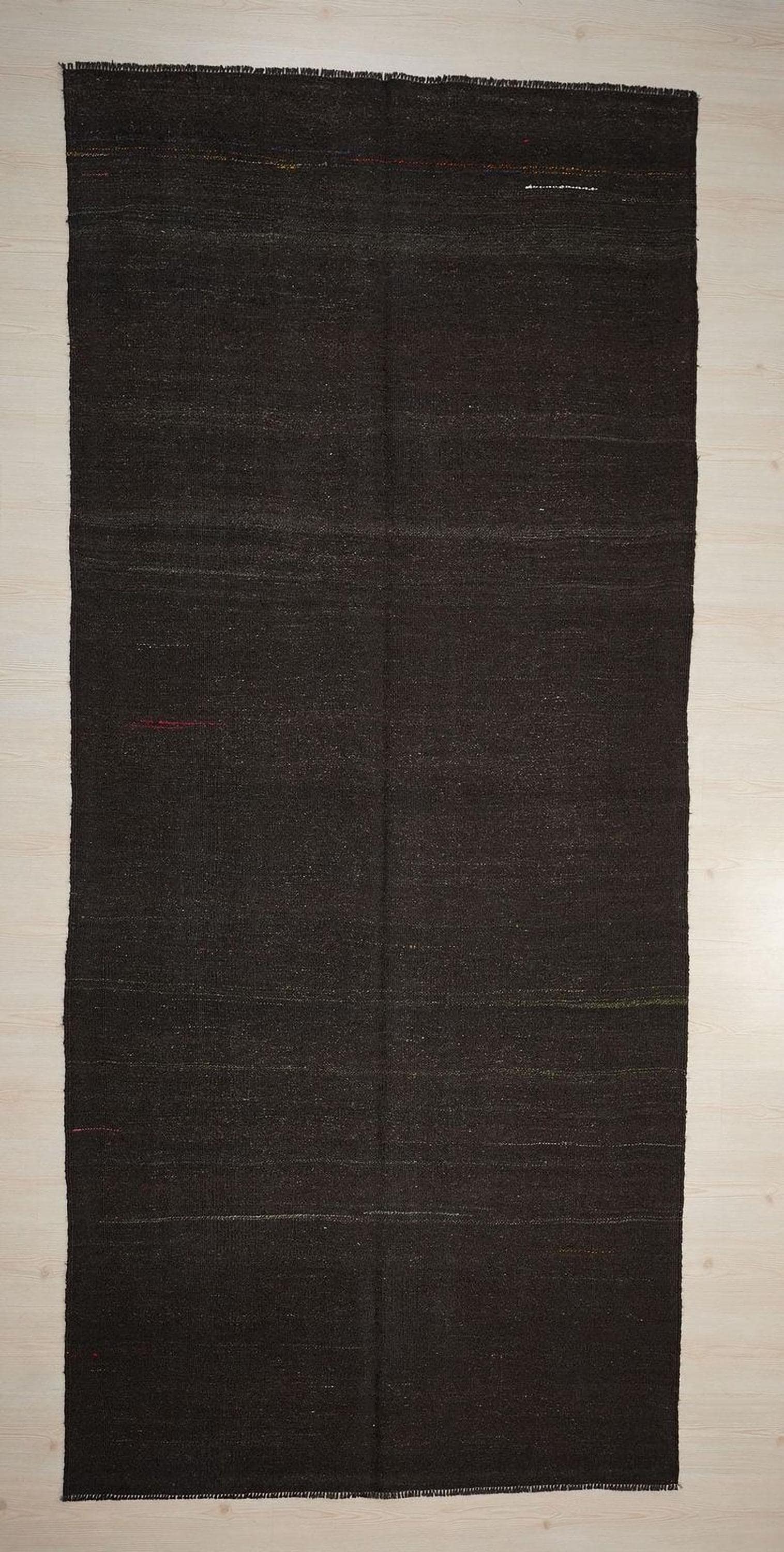Dark Brown Goat Hair Kilim Rug: 4.8"x11' Vintage Turkish Flat Weave