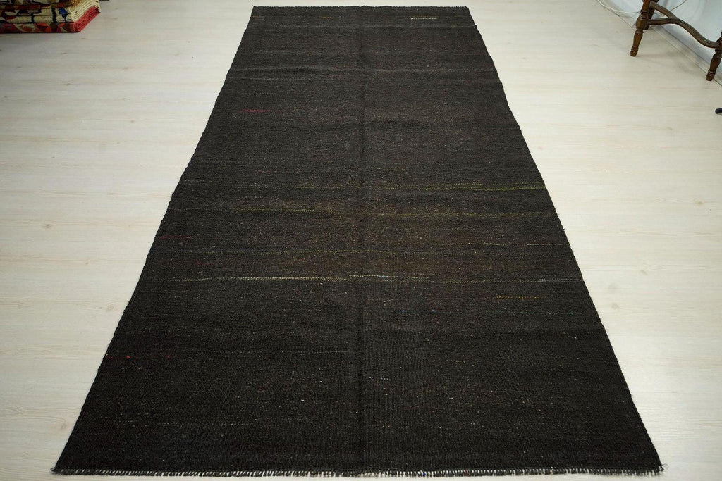 Dark Brown Goat Hair Kilim Rug: 4.8"x11' Vintage Turkish Flat Weave