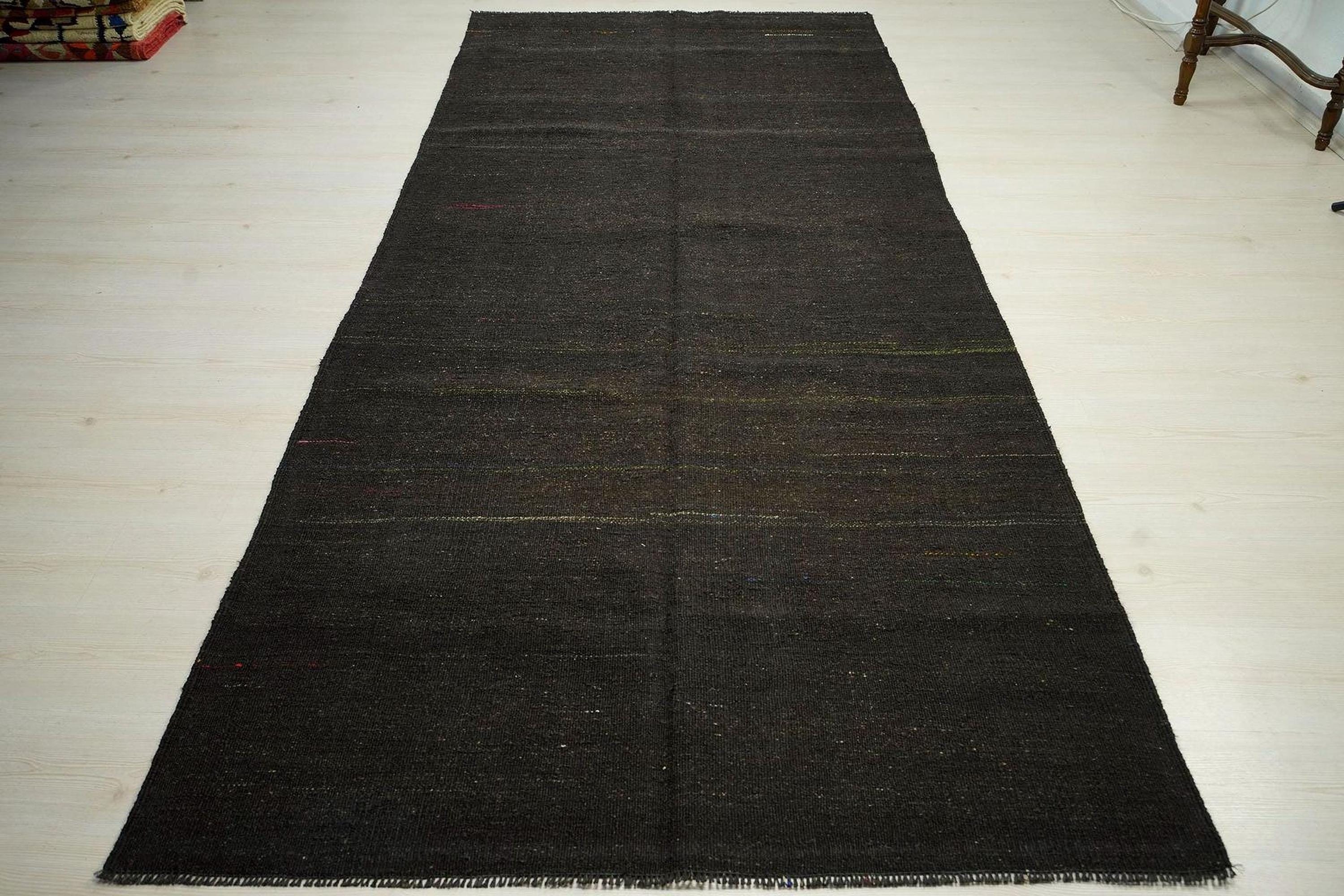 Dark Brown Goat Hair Kilim Rug: 4.8"x11' Vintage Turkish Flat Weave