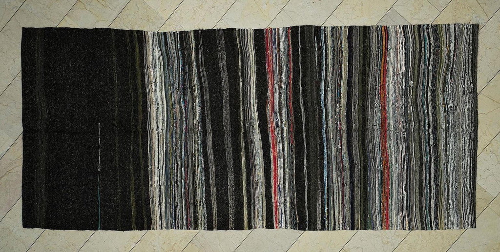 Dark Brown Striped Goat Hair Kilim Rug: 5.1"x11.3" Vintage Flat Woven Turkish Rugs.