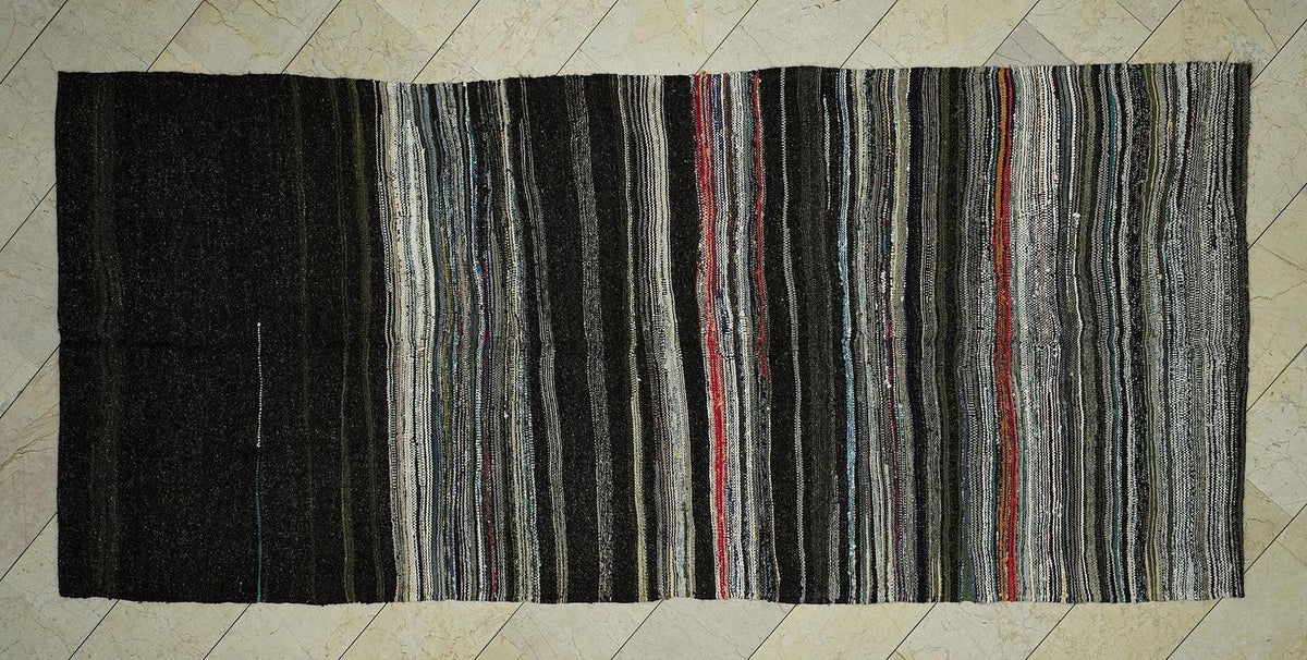 Dark Brown Striped Goat Hair Kilim Rug: 5.1"x11.3" Vintage Flat Woven Turkish Rugs.