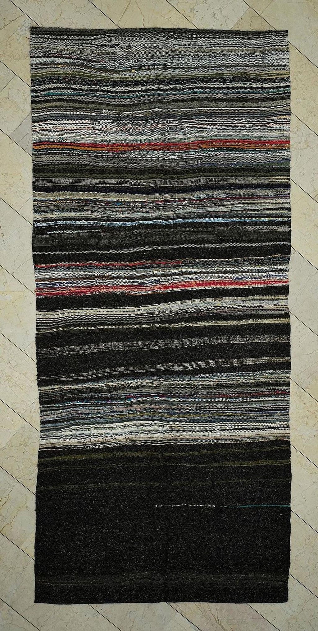 Dark Brown Striped Goat Hair Kilim Rug: 5.1"x11.3" Vintage Flat Woven Turkish Rugs.