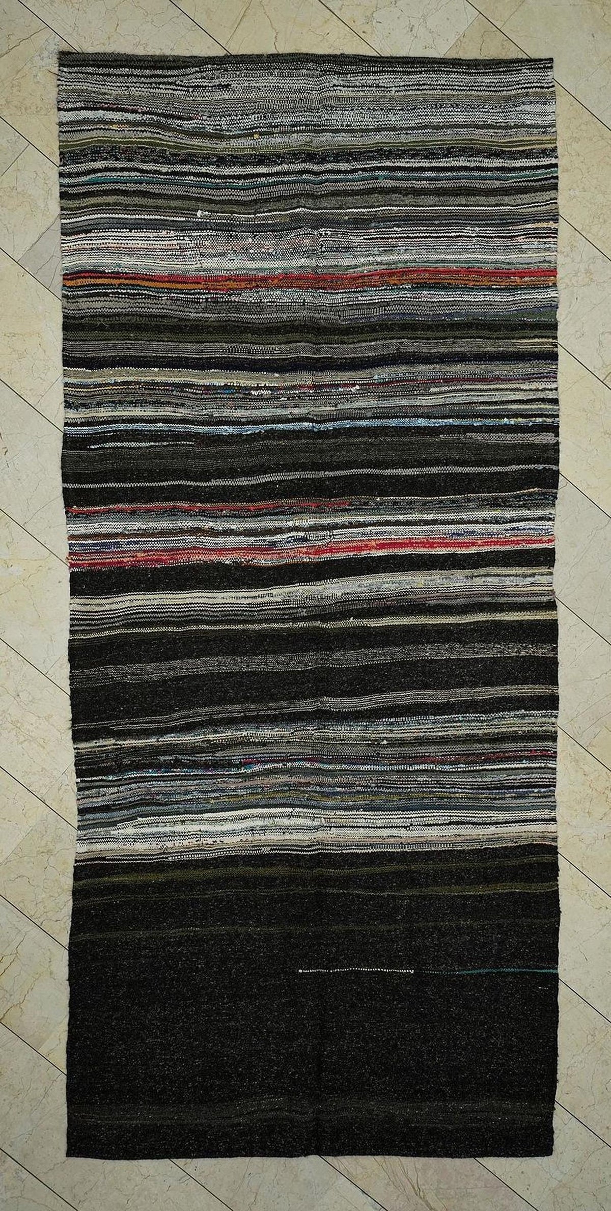 Dark Brown Striped Goat Hair Kilim Rug: 5.1"x11.3" Vintage Flat Woven Turkish Rugs.