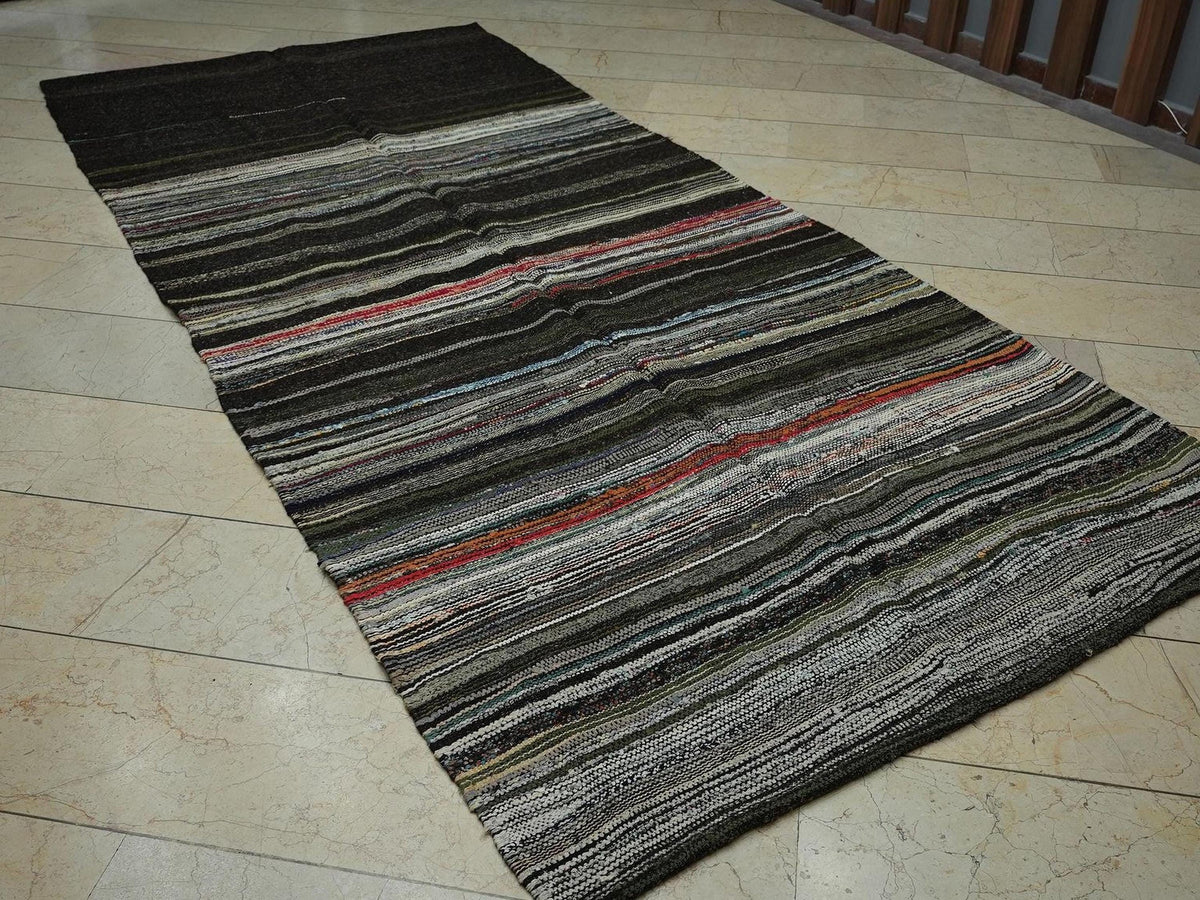 Dark Brown Striped Goat Hair Kilim Rug: 5.1"x11.3" Vintage Flat Woven Turkish Rugs.