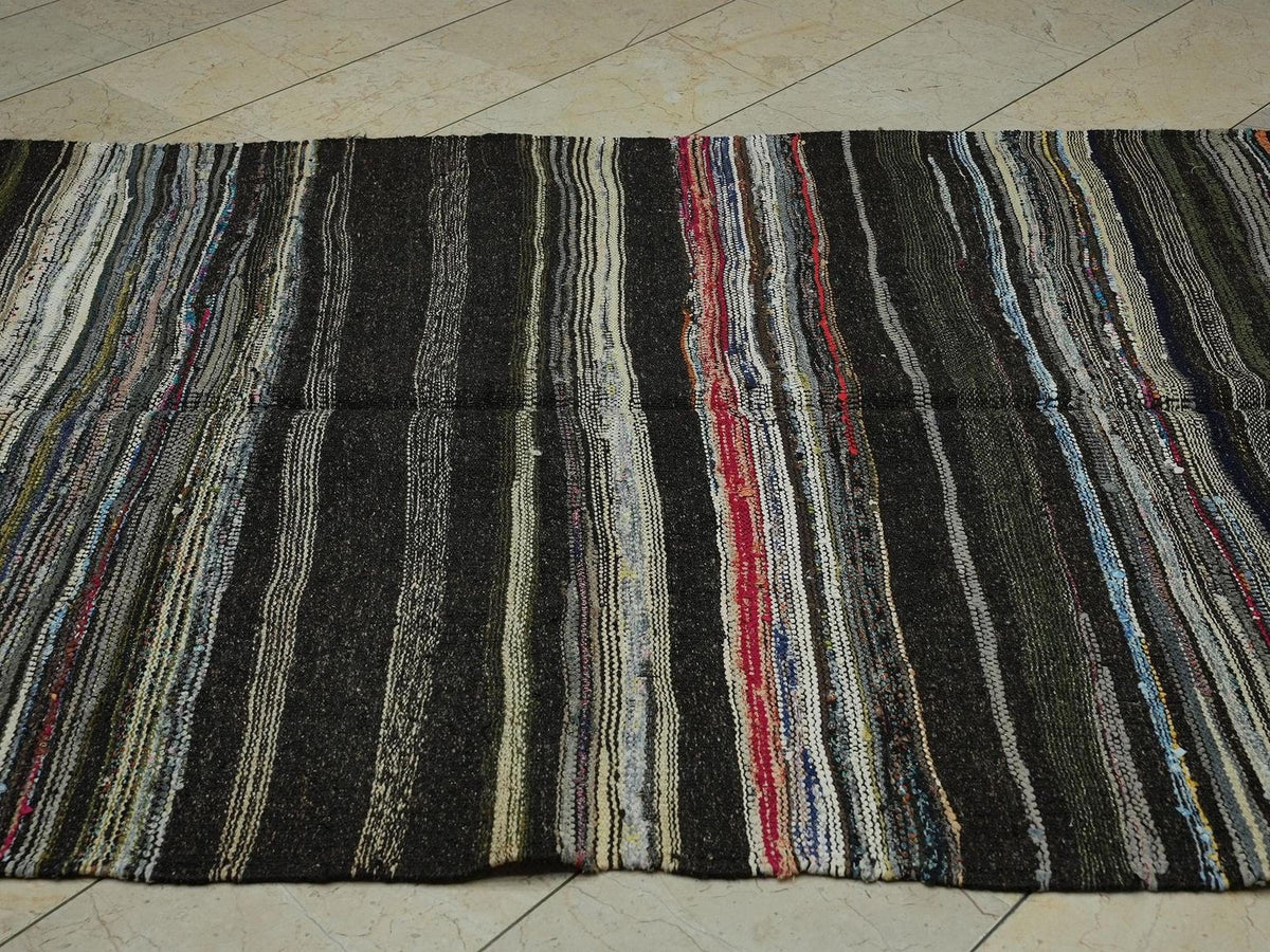 Dark Brown Striped Goat Hair Kilim Rug: 5.1"x11.3" Vintage Flat Woven Turkish Rugs.