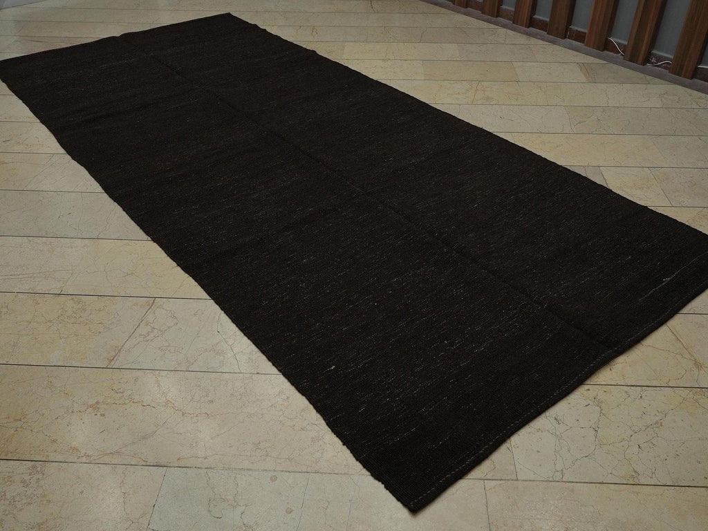 Vintage Brown Goat Hair Kilim Rug: 5.2"x11.7' Anatolian Flat Weave Rugs.