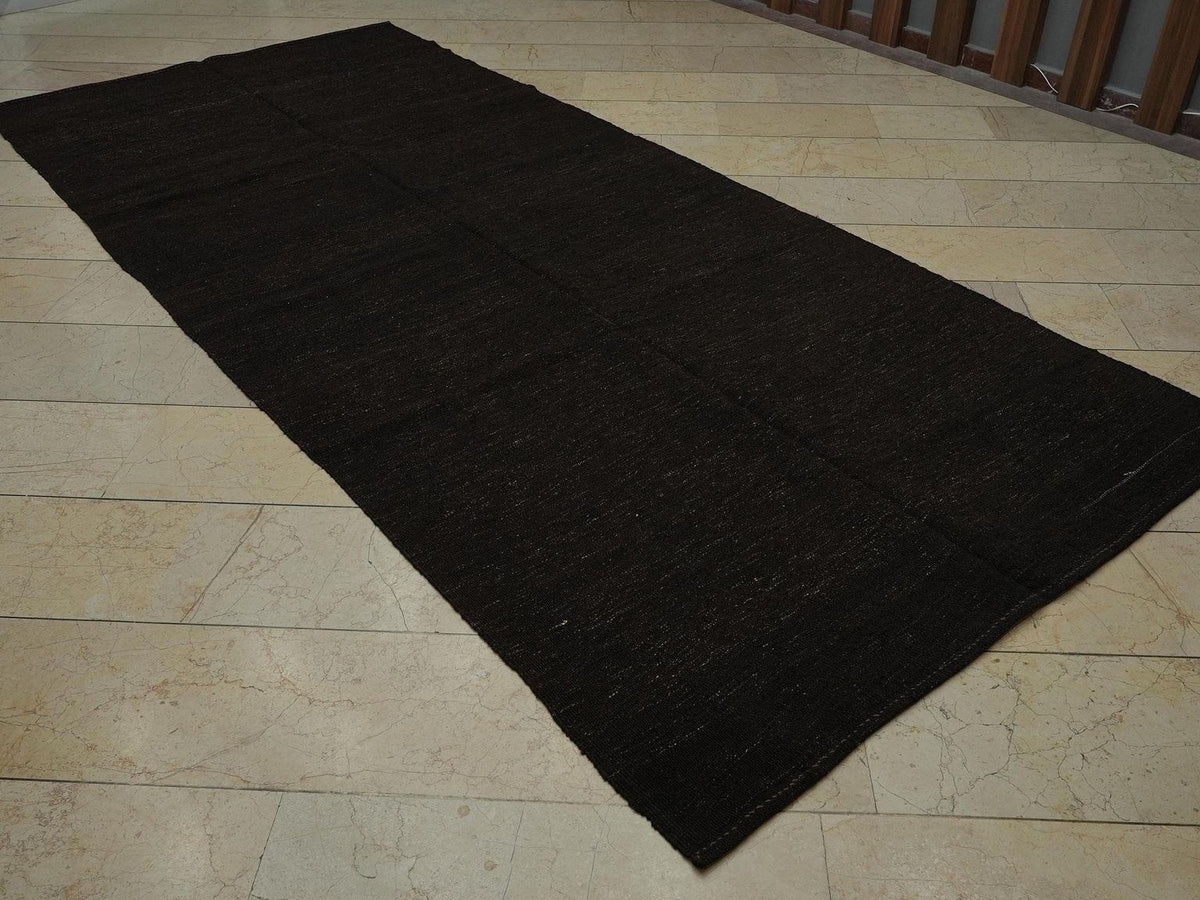 Vintage Brown Goat Hair Kilim Rug: 5.2"x11.7' Anatolian Flat Weave Rugs.