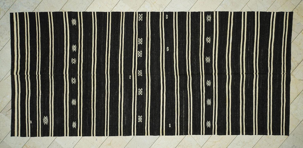 Goat Hair Woven Turkish Kilim Rug: Dark Brown & Cream Striped Hand Flat Weave Rugs.6,2x14 Ft.