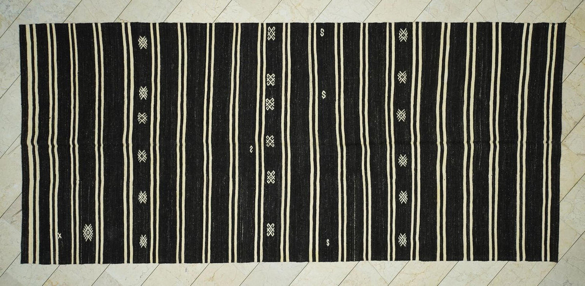Goat Hair Woven Turkish Kilim Rug: Dark Brown & Cream Striped Hand Flat Weave Rugs.6,2x14 Ft.