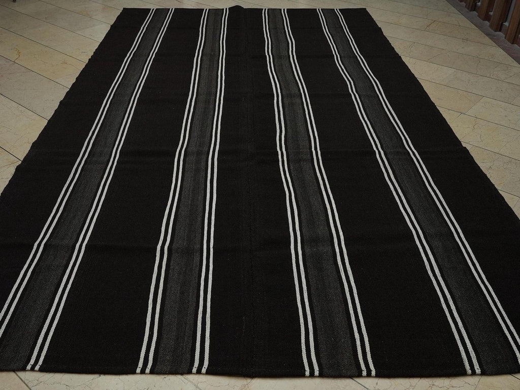 Striped Goat Hair Kilim Rug: Black and White Outdoor Spring Decor Rugs,7"x12,2" Feet.