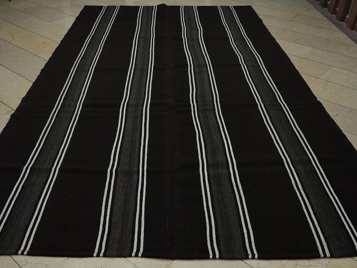 Striped Goat Hair Kilim Rug: Black and White Outdoor Spring Decor Rugs,7"x12,2" Feet.