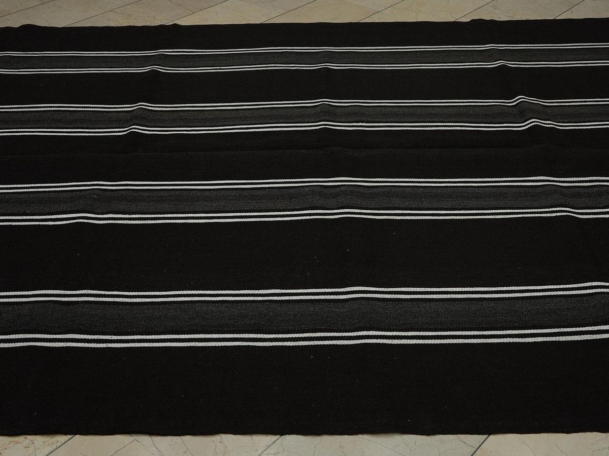 Striped Goat Hair Kilim Rug: Black and White Outdoor Spring Decor Rugs,7"x12,2" Feet.
