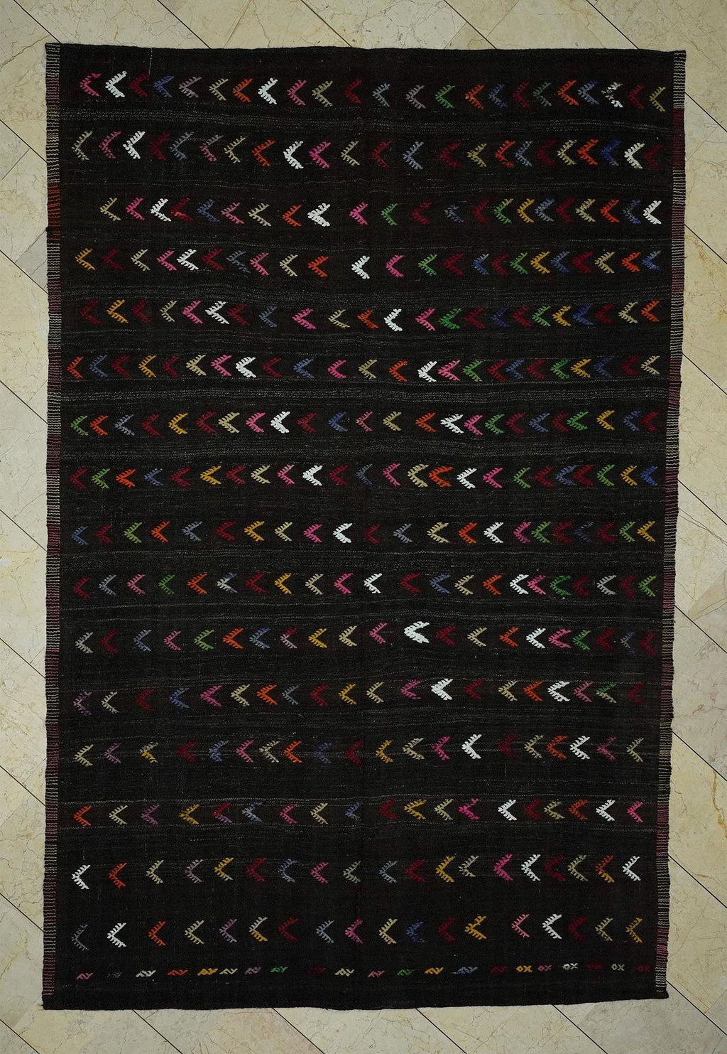 Embroidered 1960s Goat Hair Kilim Rug 7x10: Dark Brown Flat Weave Rugs.