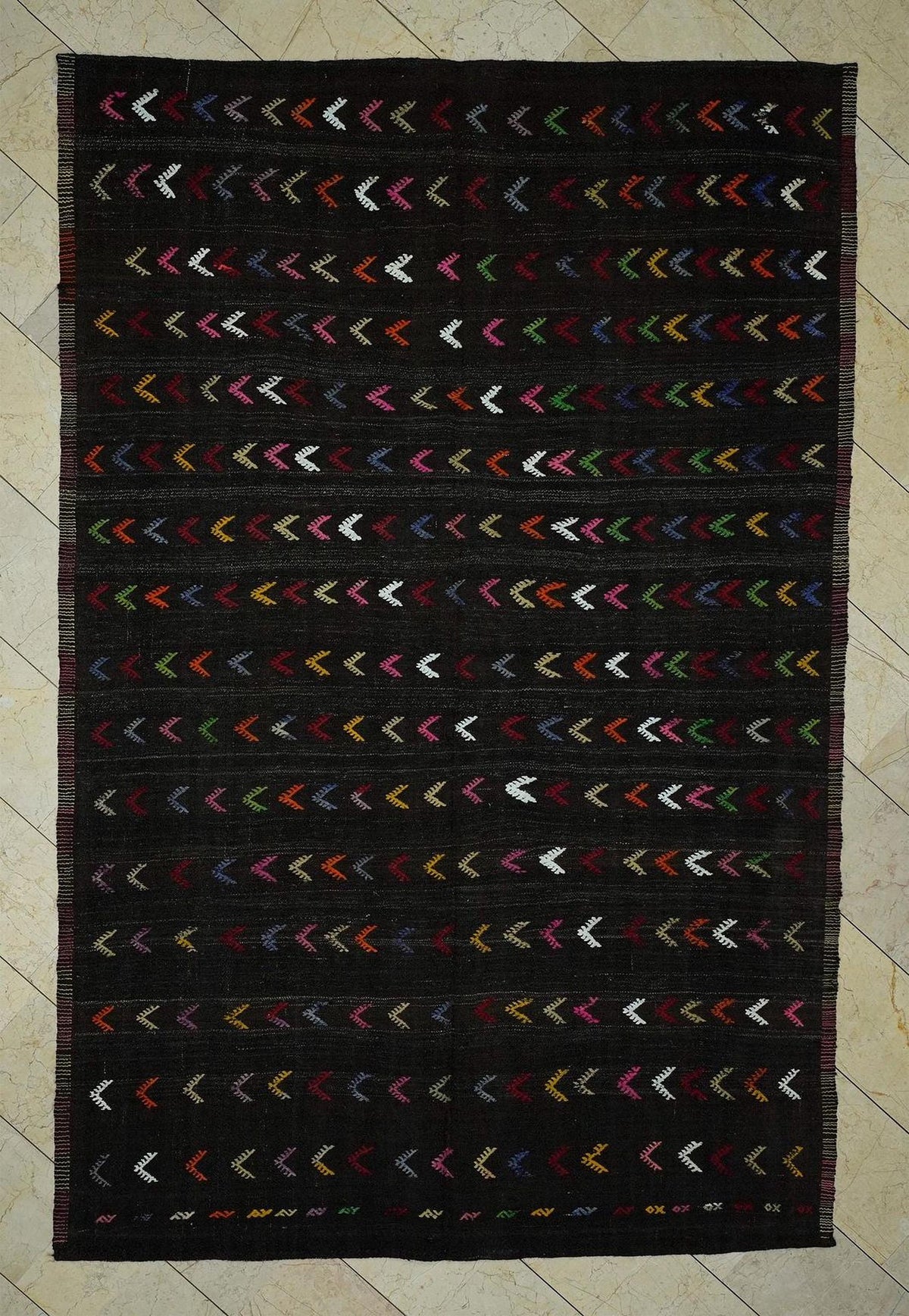 Embroidered 1960s Goat Hair Kilim Rug 7x10: Dark Brown Flat Weave Rugs.