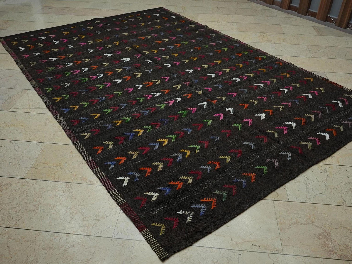 Embroidered 1960s Goat Hair Kilim Rug 7x10: Dark Brown Flat Weave Rugs.
