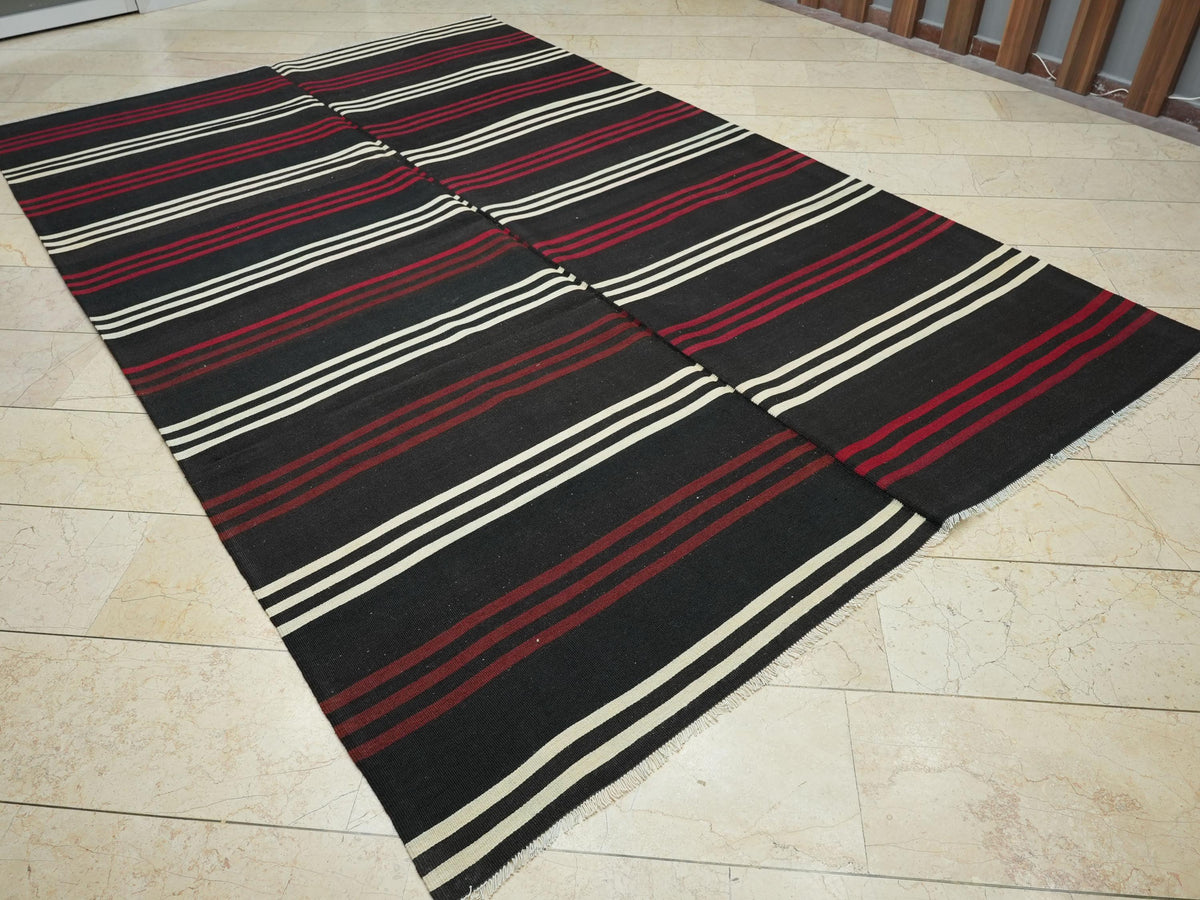 Large Striped Design Goat Hair Kilim Rug: Outdoor Decor Rugs, 7,2x11 Feet.