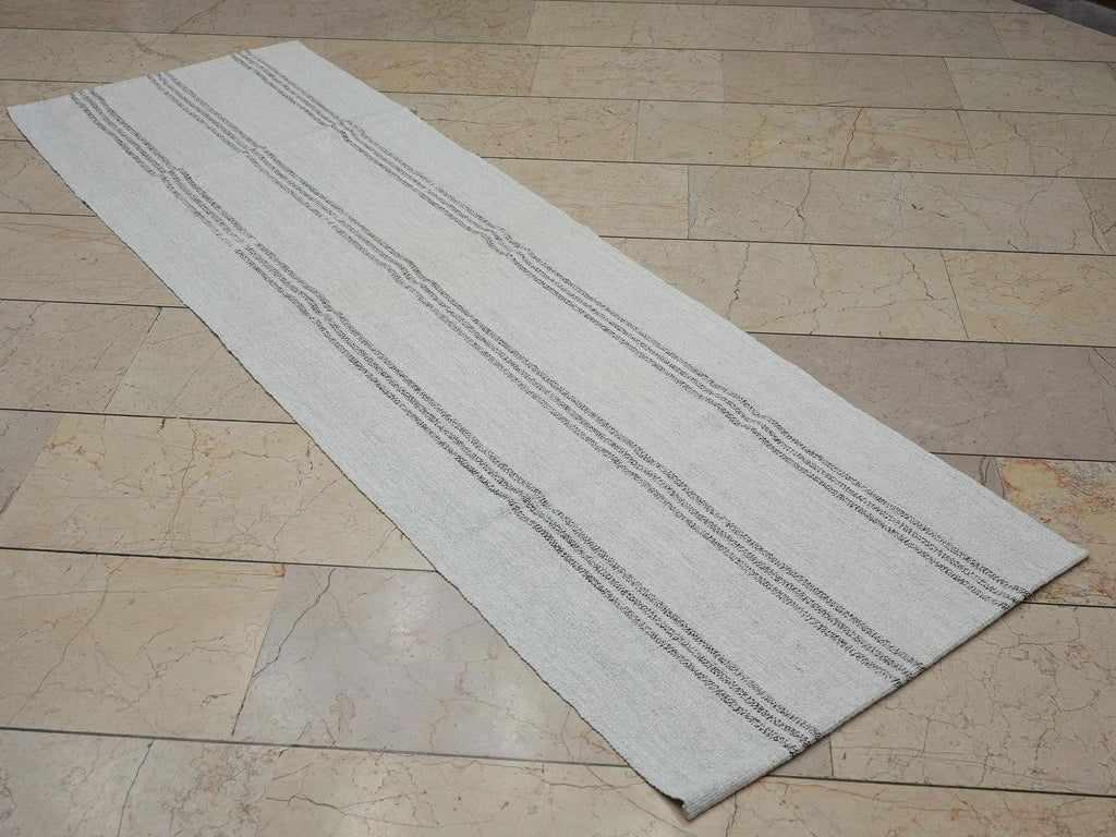 Narrow Turkish Kilim Rug Runner: 2.3x7.4 Feet,Grayish White And Brown Striped Area Rugs.