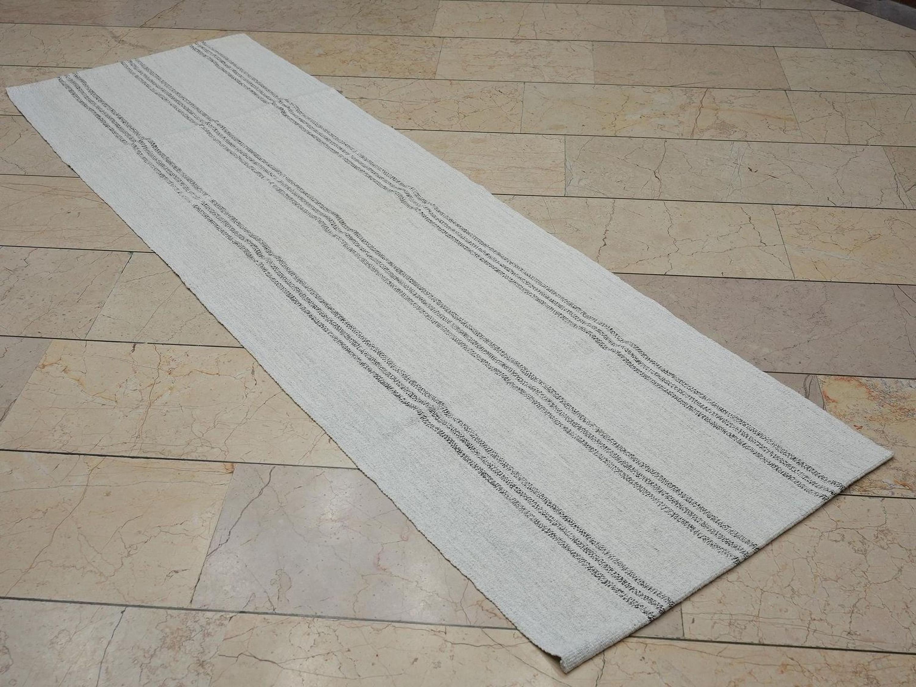 Narrow Turkish Kilim Rug Runner: 2.3x7.4 Feet,Grayish White And Brown Striped Area Rugs.